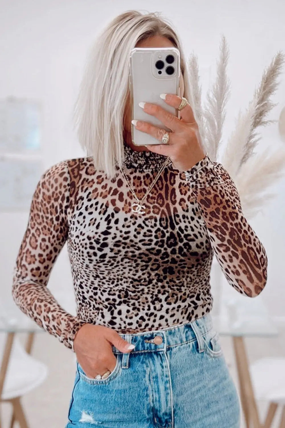 Brown Leopard Smocked Neck Mesh Long Sleeve Bodysuit Dear-Lover Dropshipping