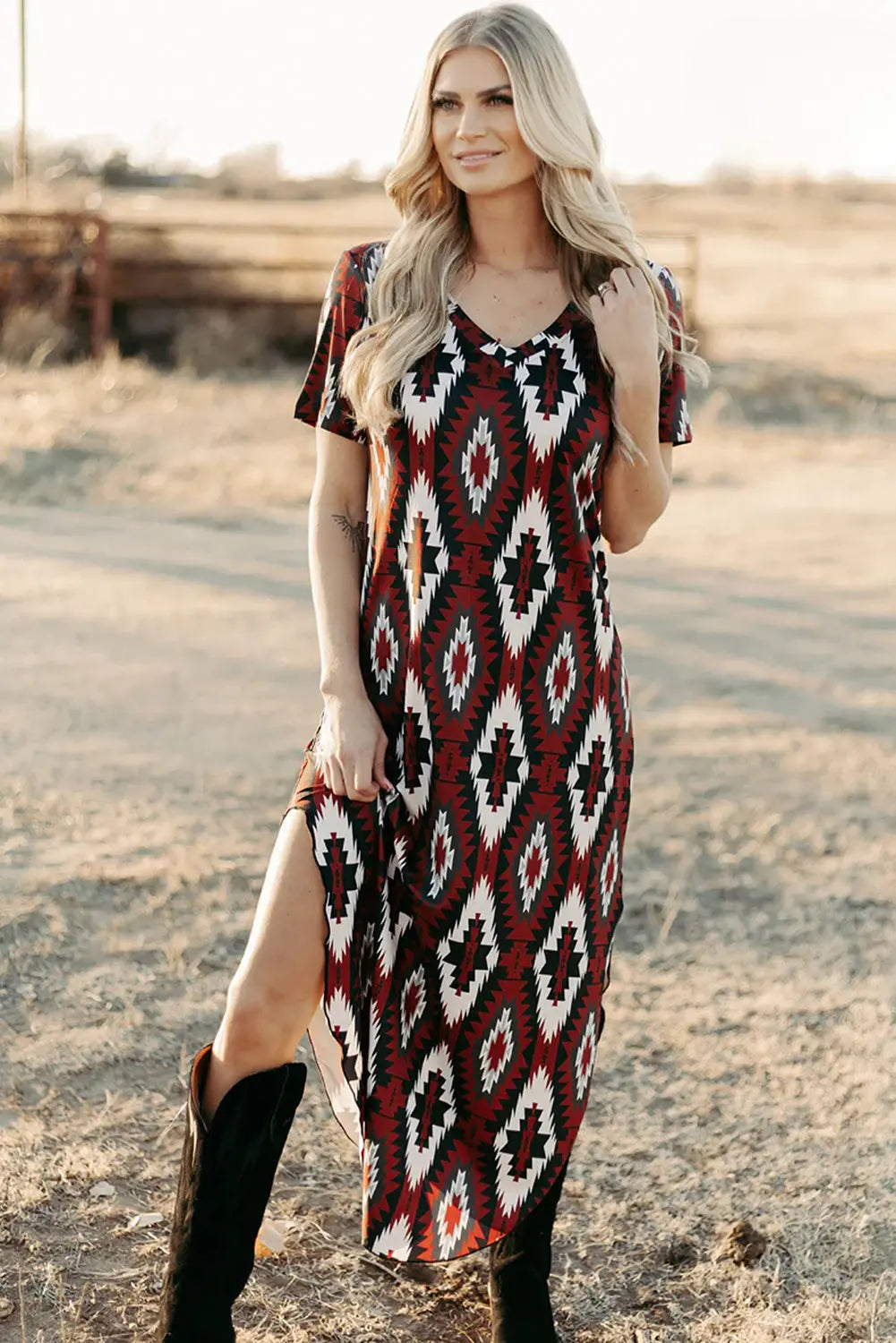 Red Western Aztec Printed Long T-shirt Dress Markonline