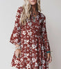 Red Boho Floral Print Lettuce Trim 3/4 Sleeve Mini Dress Markonline