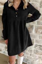 Black Corduroy Half Button Collared Long Sleeve Mini Dress Markonline