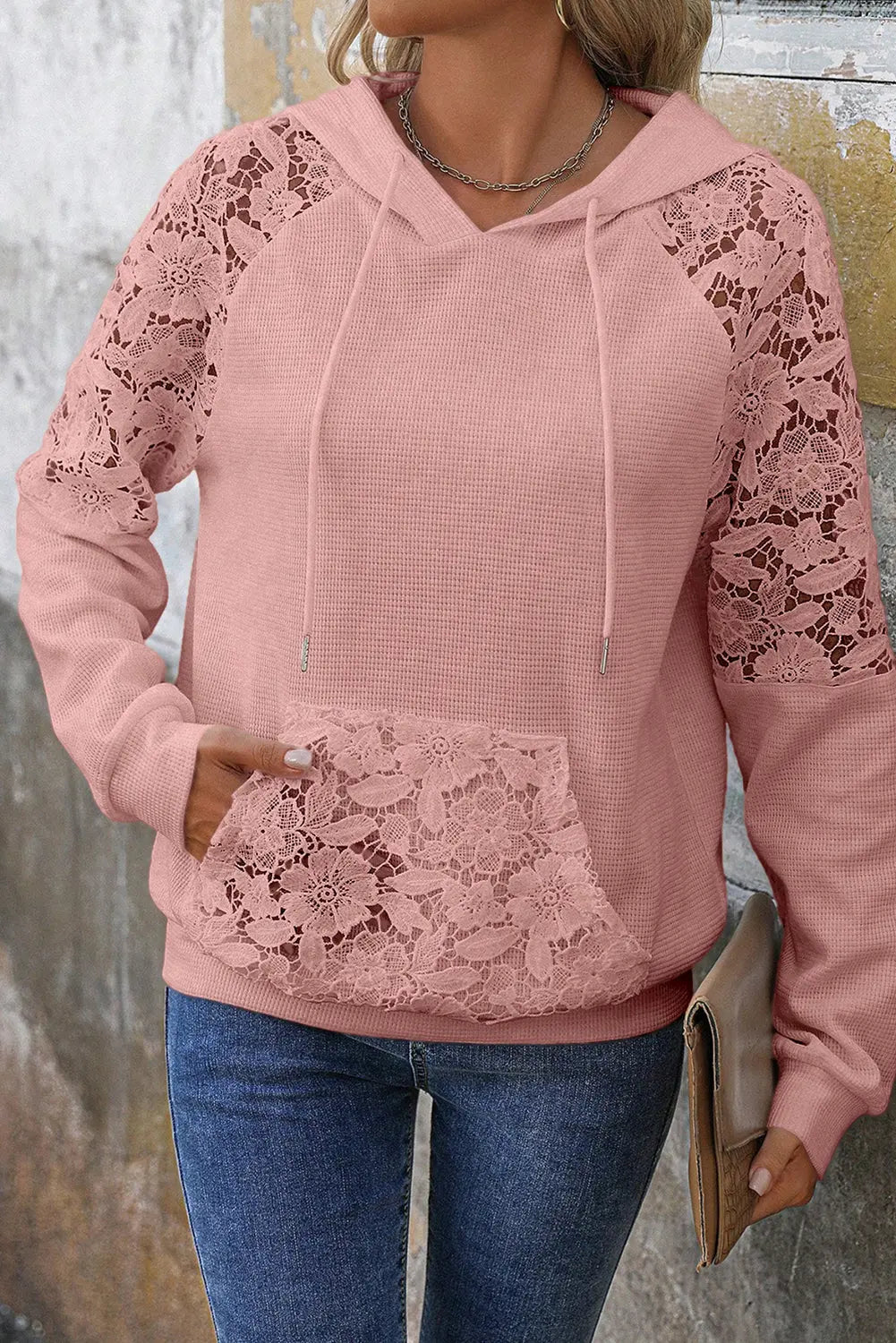 Gossamer Pink Lace Patchwork Raglan Sleeve Kangaroo Pocket Waffle Hoodie Dear-Lover Dropshipping