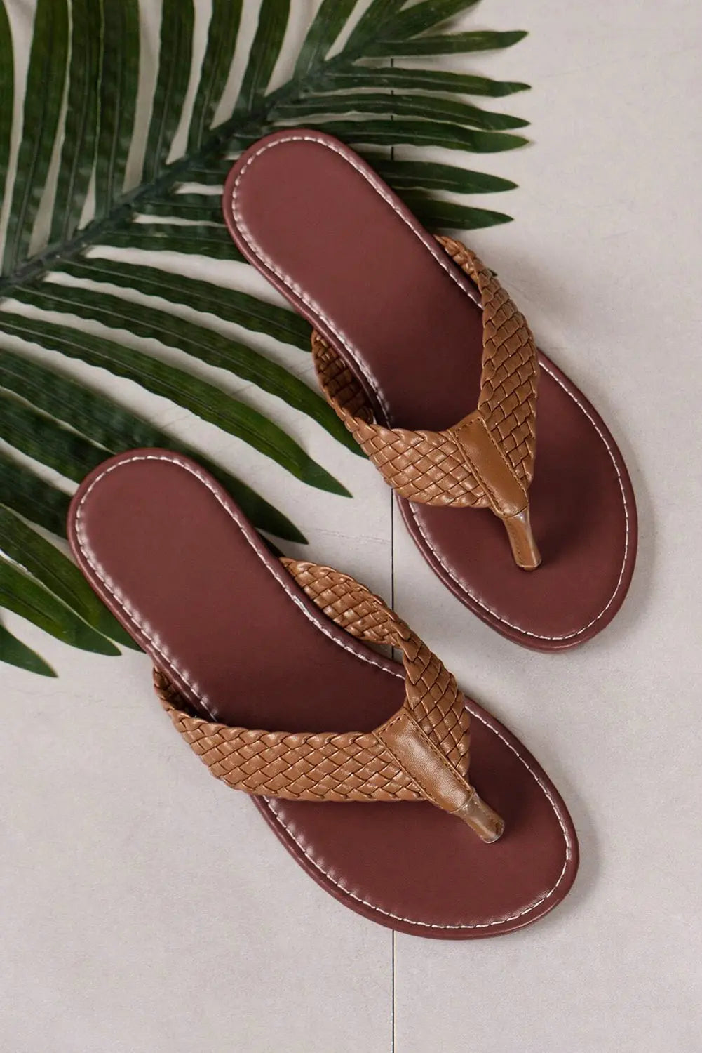 Chestnut Braided Strap PU Leather Flip Flop Dear-Lover Dropshipping