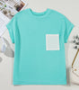 Light Blue Corded Knit Color Block Pocketed Crew Neck T Shirt Markonline