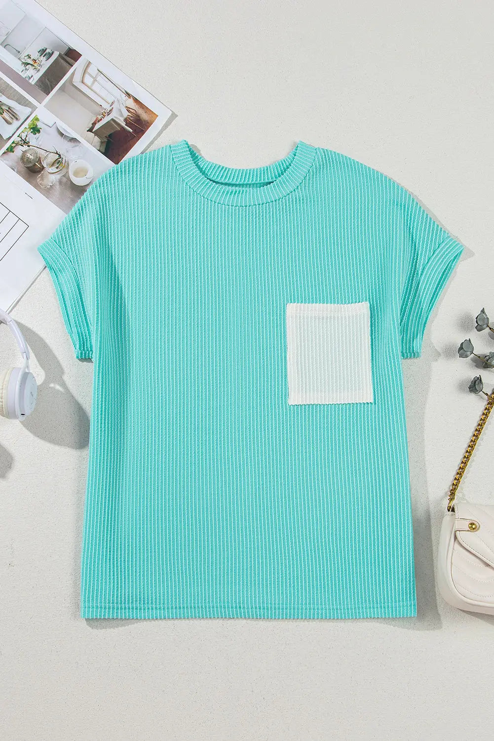 Light Blue Corded Knit Color Block Pocketed Crew Neck T Shirt Markonline