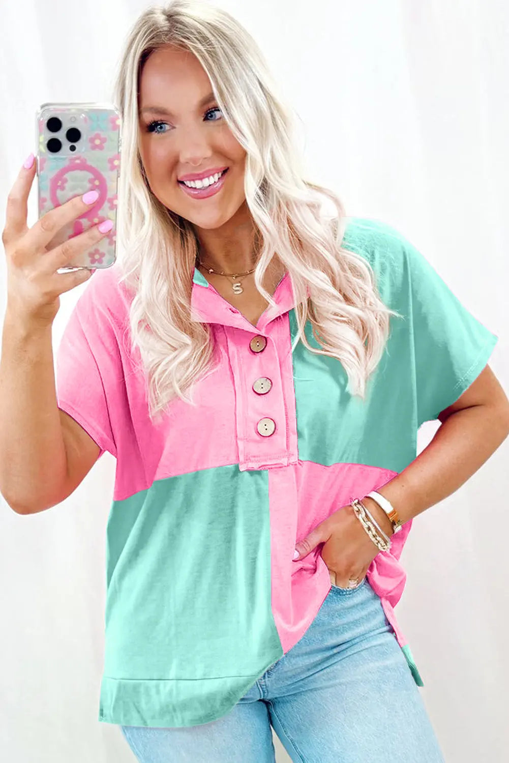 Mint Green Two Tone Half Buttons Collared T Shirt Markonline