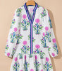 White Floral Print Contrast Striped Trim Notched Neck Long Sleeve Dress Markonline
