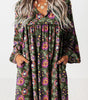 Green Floral Print Split Neck Bubble Sleeve Shift Mini Dress Markonline