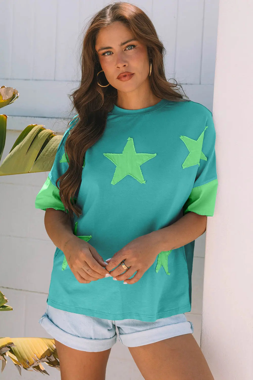 Aruba Blue Frayed Denim Star Patched Oversize T Shirt Markonline