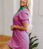 Pink Stripe Collared V Neck Puff Sleeve T Shirt Dress Markonline
