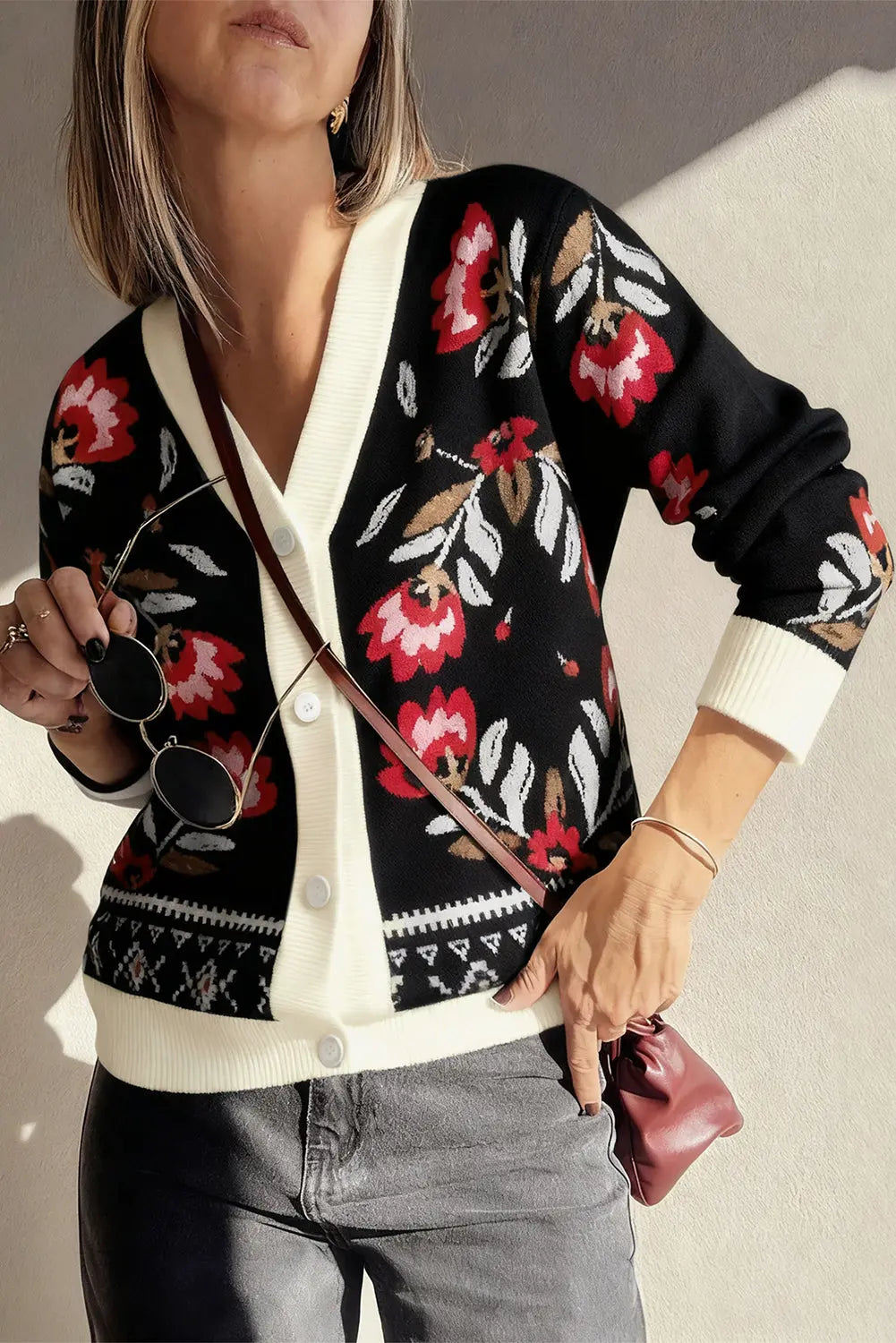 Black Floral Print Buttoned Front V Neck Knit Cardigan Dear-Lover Dropshipping