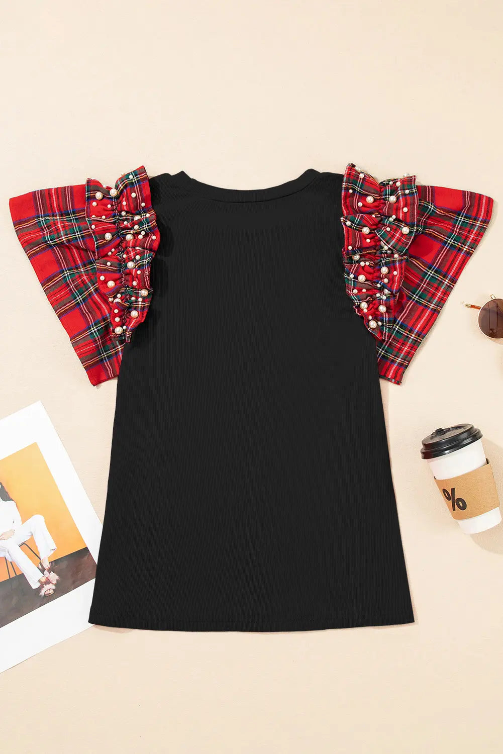 Black Plaid Pearl Ruffle Short Sleeve Loose T Shirt Markonline