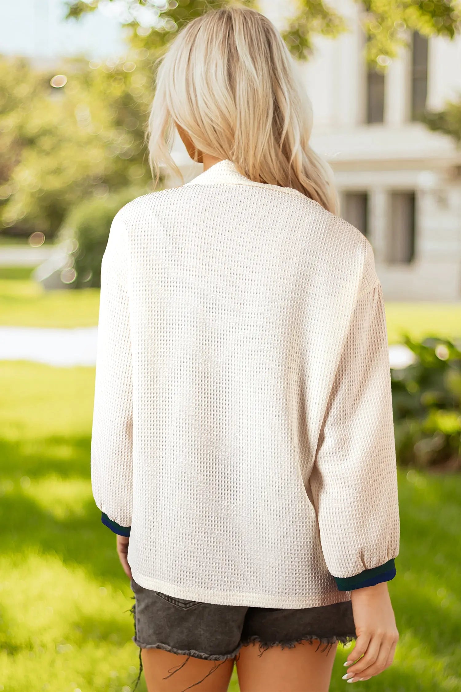 White Waffle Textured Contrast Polo Neck Zip up Jumper Dear-Lover Dropshipping