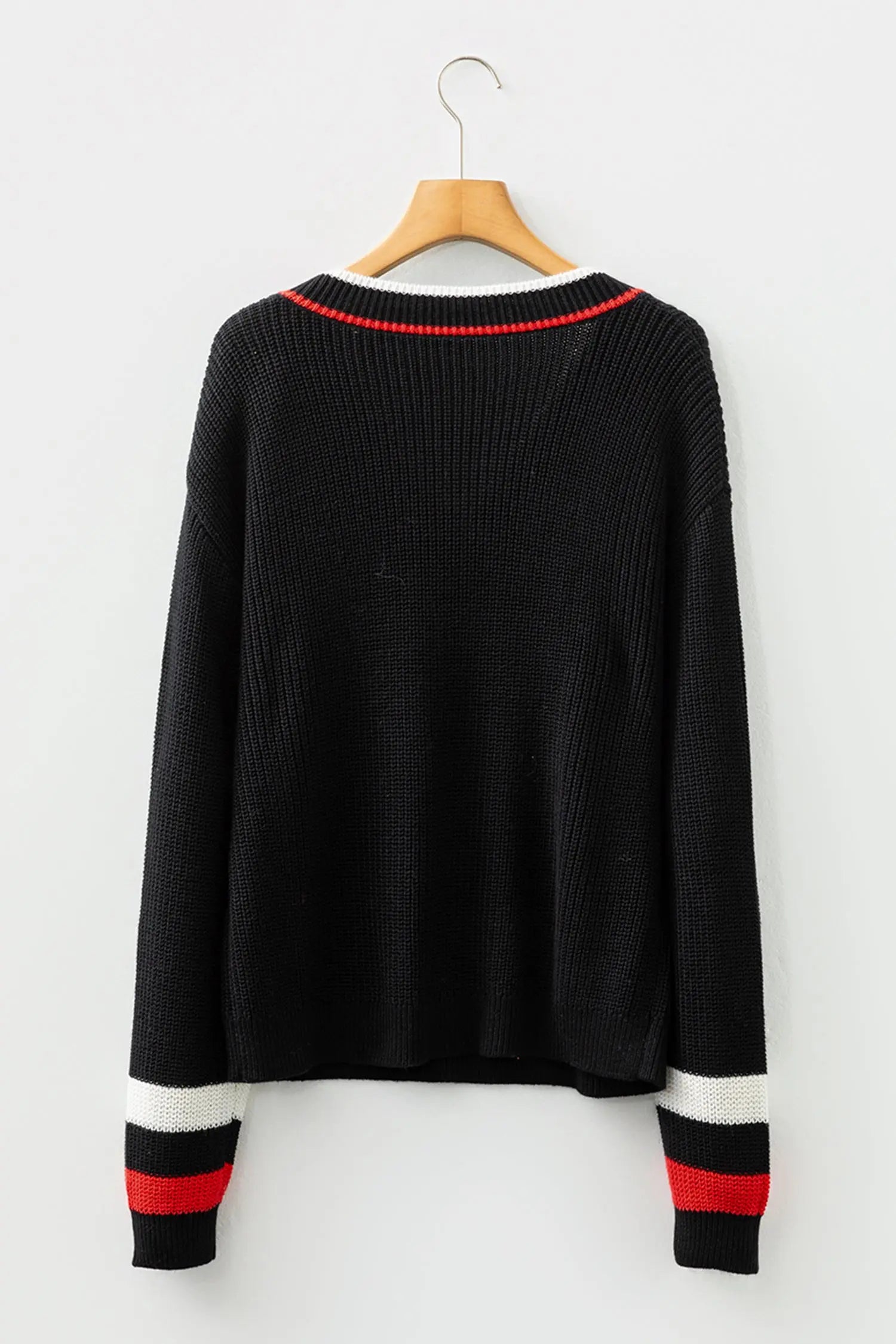 Black Contrast Striped Trim V Neck Drop Shoulder Sweater Dear-Lover Dropshipping