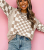 Khaki Checkered Print Drop Shoulder Round Neck Sweater Dear-Lover Dropshipping