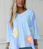 Light Blue Flower Patched Exposed Seam Bracelet Sleeve Oversized T Shirt Dear-Lover Dropshipping