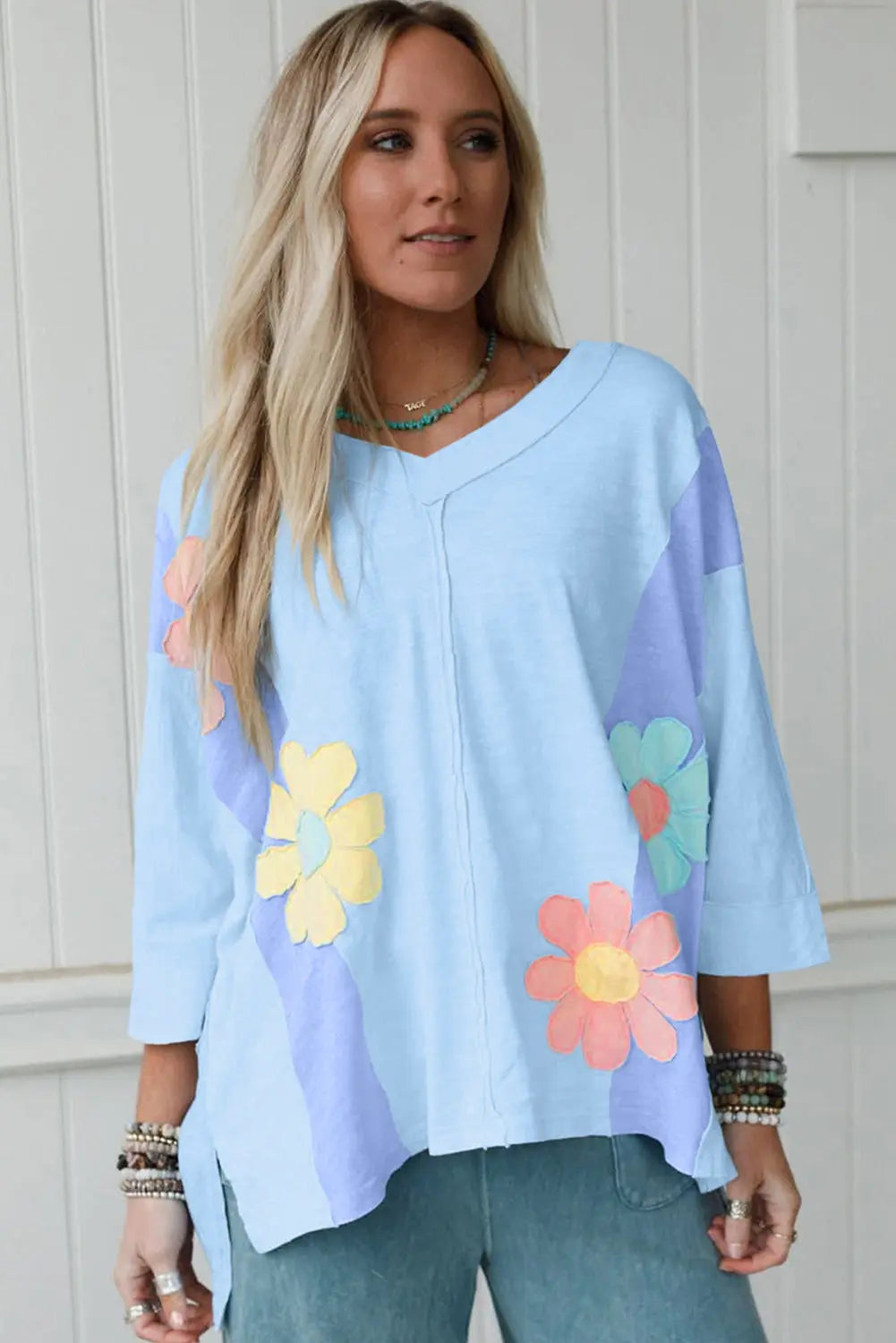 Light Blue Flower Patched Exposed Seam Bracelet Sleeve Oversized T Shirt Dear-Lover Dropshipping