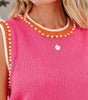 Bright Pink Contrast Trim Pearl Detail Sweater Tank Top Dear-Lover Dropshipping