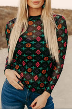 Black Western Aztec Printed Long Sleeve Mesh Top Dear-Lover Dropshipping
