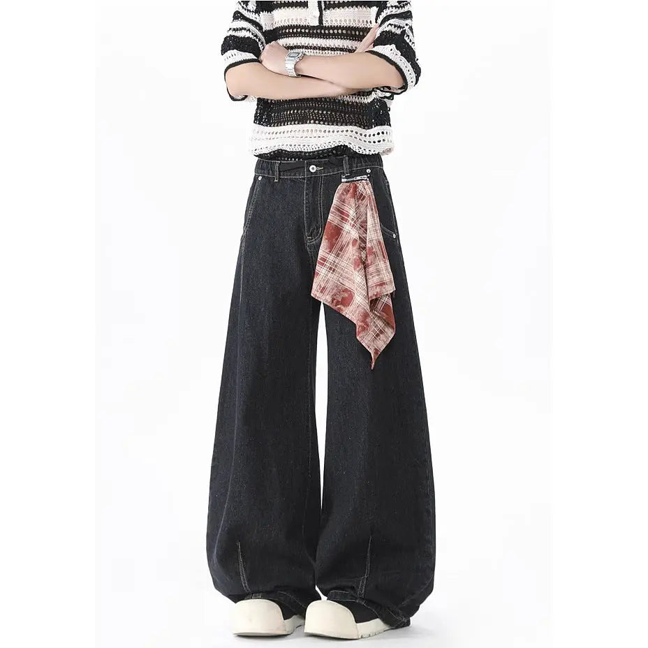 Retro Plaid Bandana Knife-Edge Denim Pants for Men Clean Fit Loose Wide Leg Straight Cut Pants Markonline