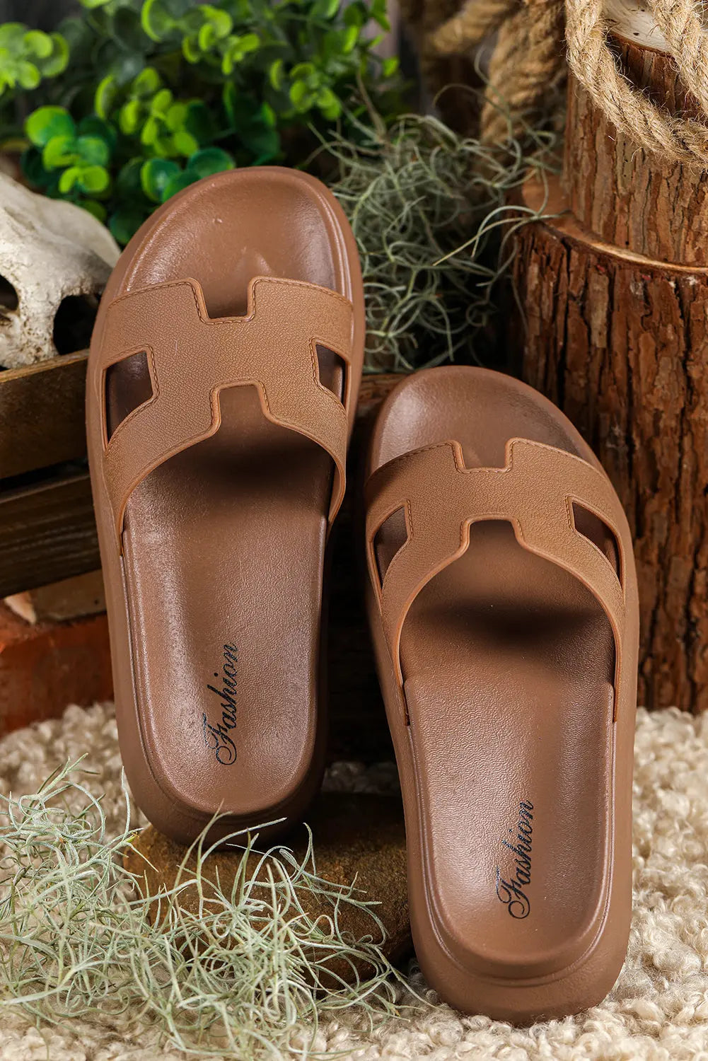 Chestnut Cutout Design Open Toe Platform Slippers (Run Small, Size Up) Dear-Lover Dropshipping