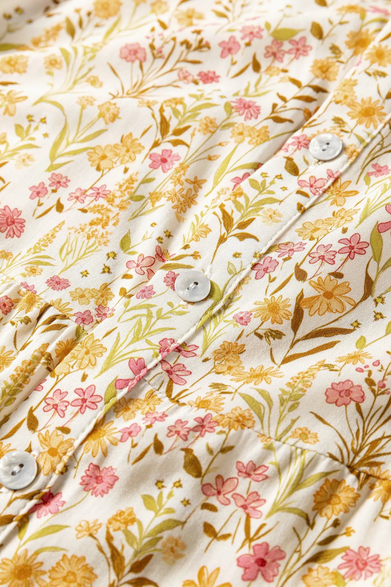 Yellow Floral Print Frilly Trim Smocked Cuff Long Sleeve Loose Shirt Dress Markonline