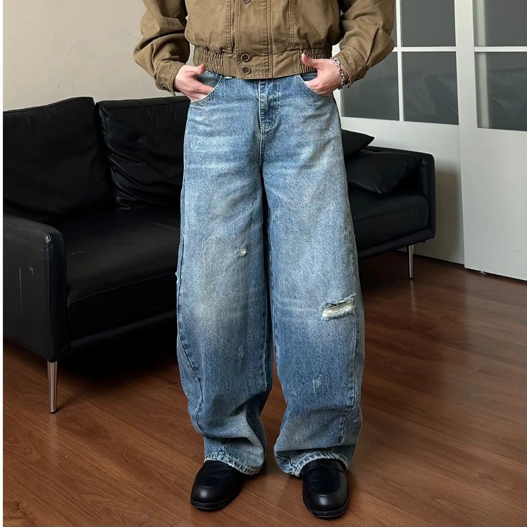 Dad Hole Loose Tapered Wide Leg Jeans for Men and Women Markonline