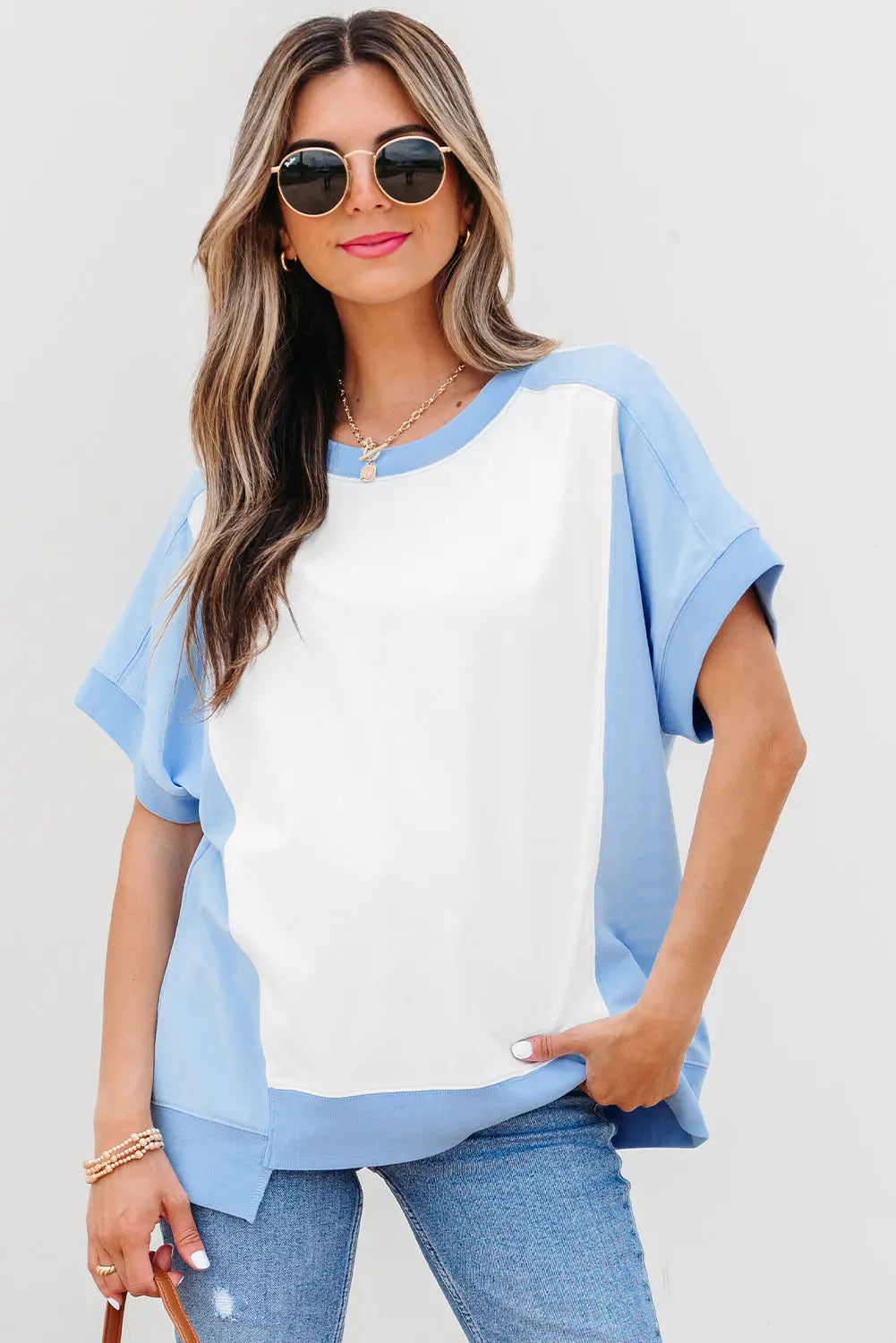 Sky Blue Color Block Exposed Seam Crew Neck T Shirt Markonline
