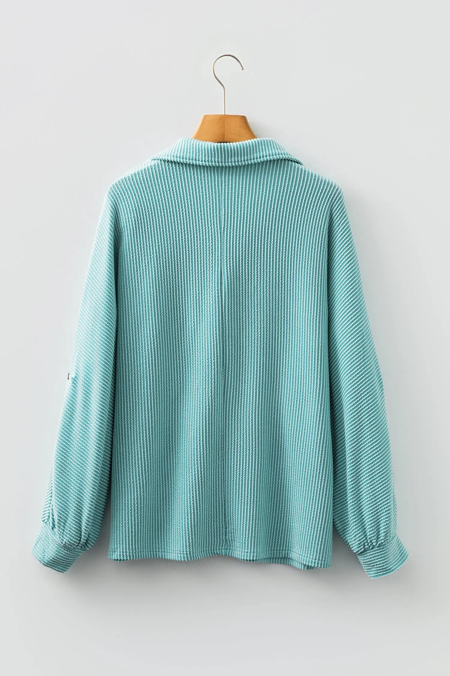 Light Blue Oversized Twist Ribbed Collared Henley Top with Roll up Sleeve Markonline