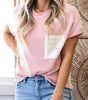 Pink Corded Knit Color Block Pocketed Crew Neck T Shirt Dear-Lover Dropshipping