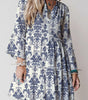 Sky Blue Boho Floral Print Lettuce Trim 3/4 Sleeve Mini Dress Markonline
