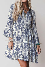 Sky Blue Boho Floral Print Lettuce Trim 3/4 Sleeve Mini Dress Markonline