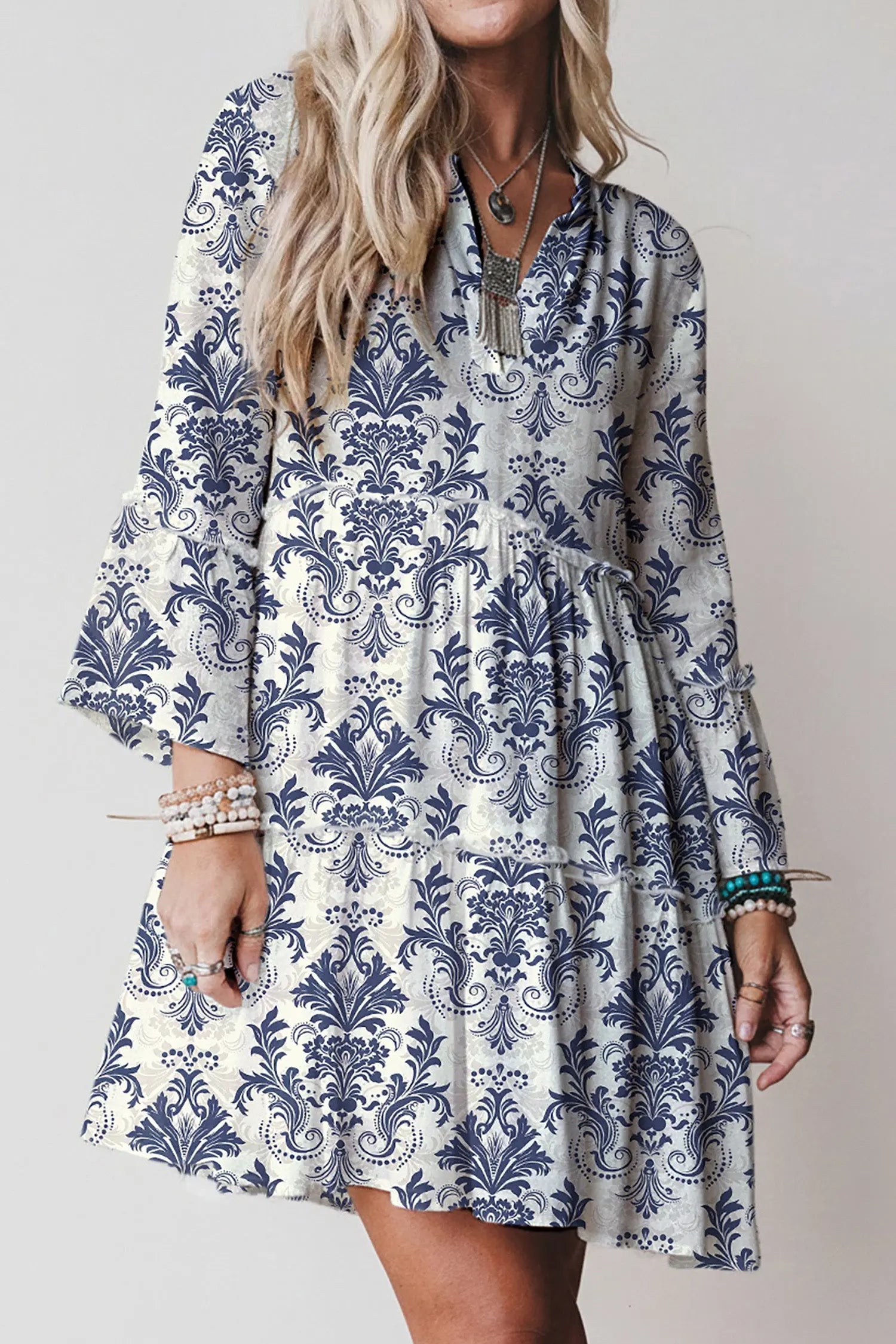Sky Blue Boho Floral Print Lettuce Trim 3/4 Sleeve Mini Dress Markonline