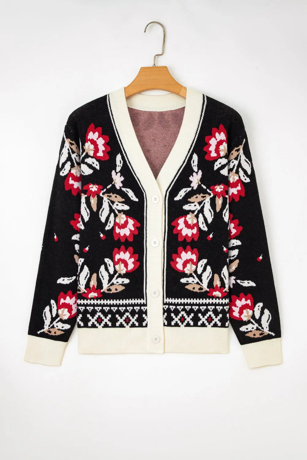 Black Floral Print Buttoned Front V Neck Knit Cardigan Dear-Lover Dropshipping