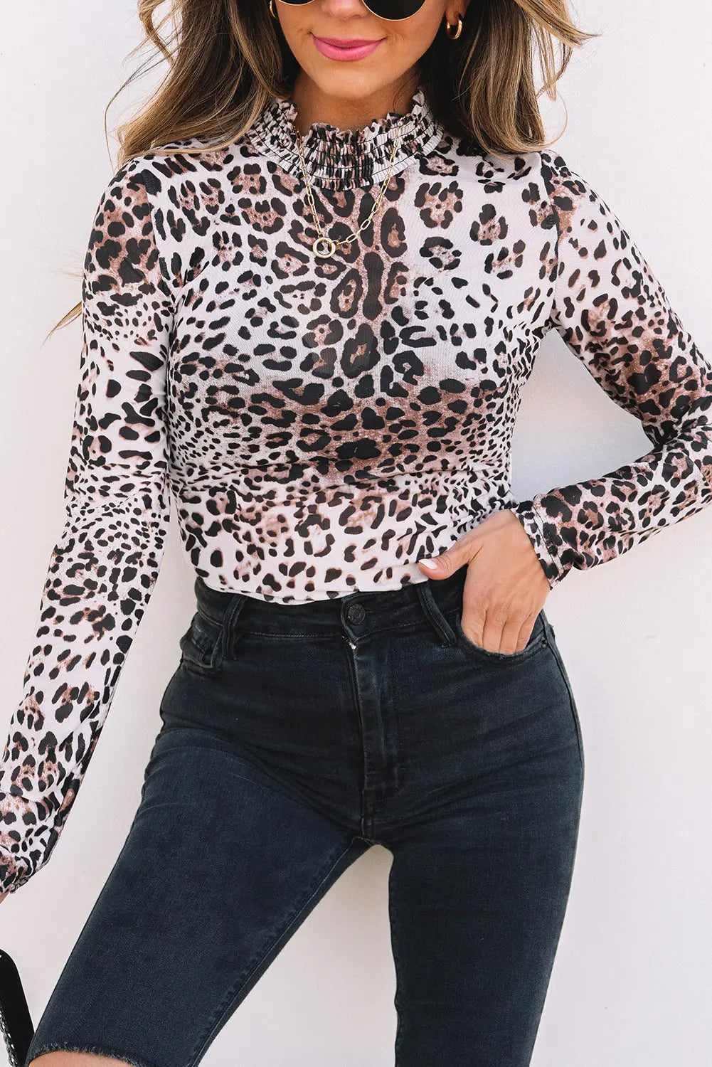 Brown Leopard Smocked Neck Mesh Long Sleeve Bodysuit Dear-Lover Dropshipping