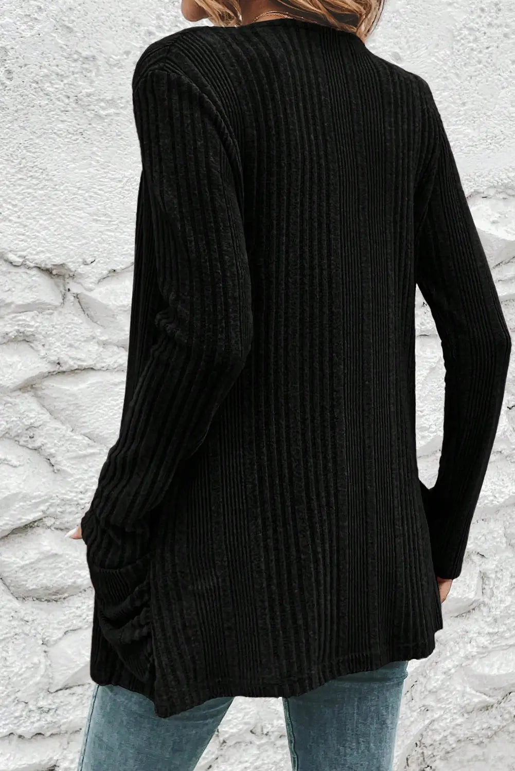 Black Ribbed Open Front Knitted Top with Pockets Dear-Lover Dropshipping