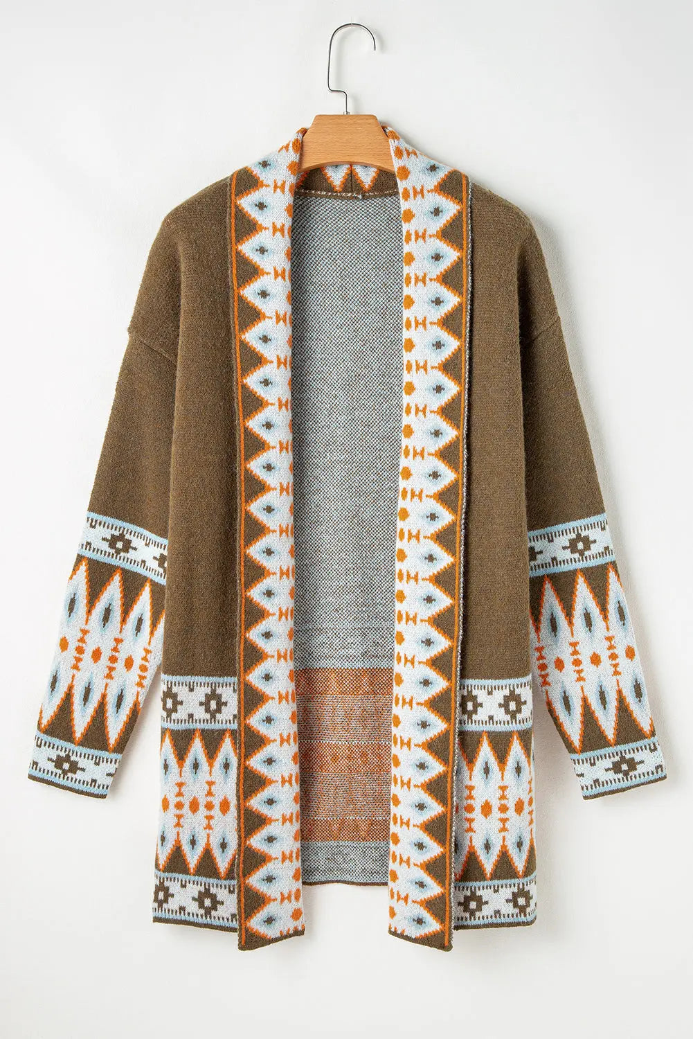 Brown Aztec Print Open Front Knitted Cardigan Dear-Lover Dropshipping