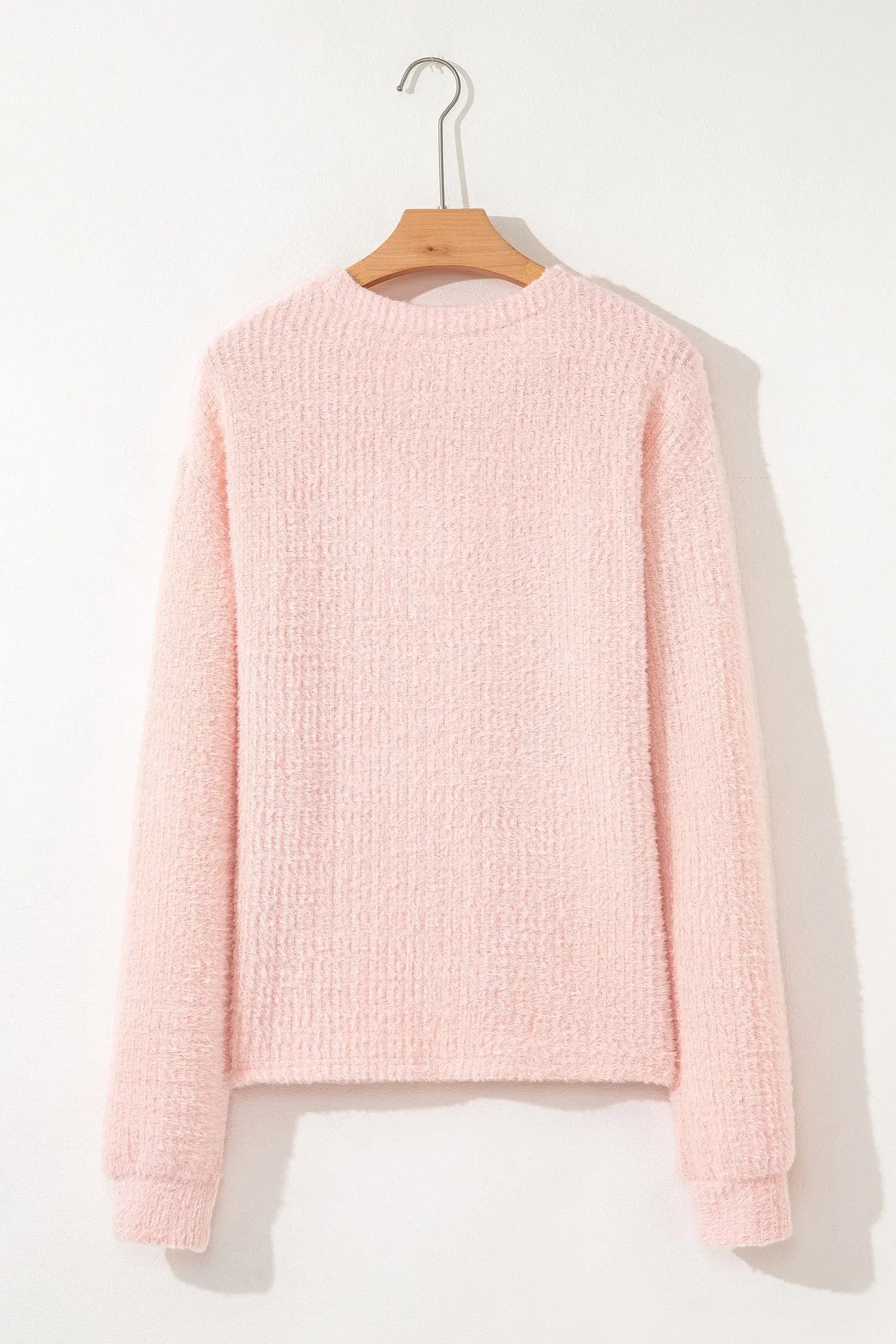 Light Pink Fuzzy Ribbed Texture Round Neck Long Sleeve Top Markonline