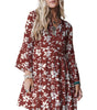 Red Boho Floral Print Lettuce Trim 3/4 Sleeve Mini Dress Markonline