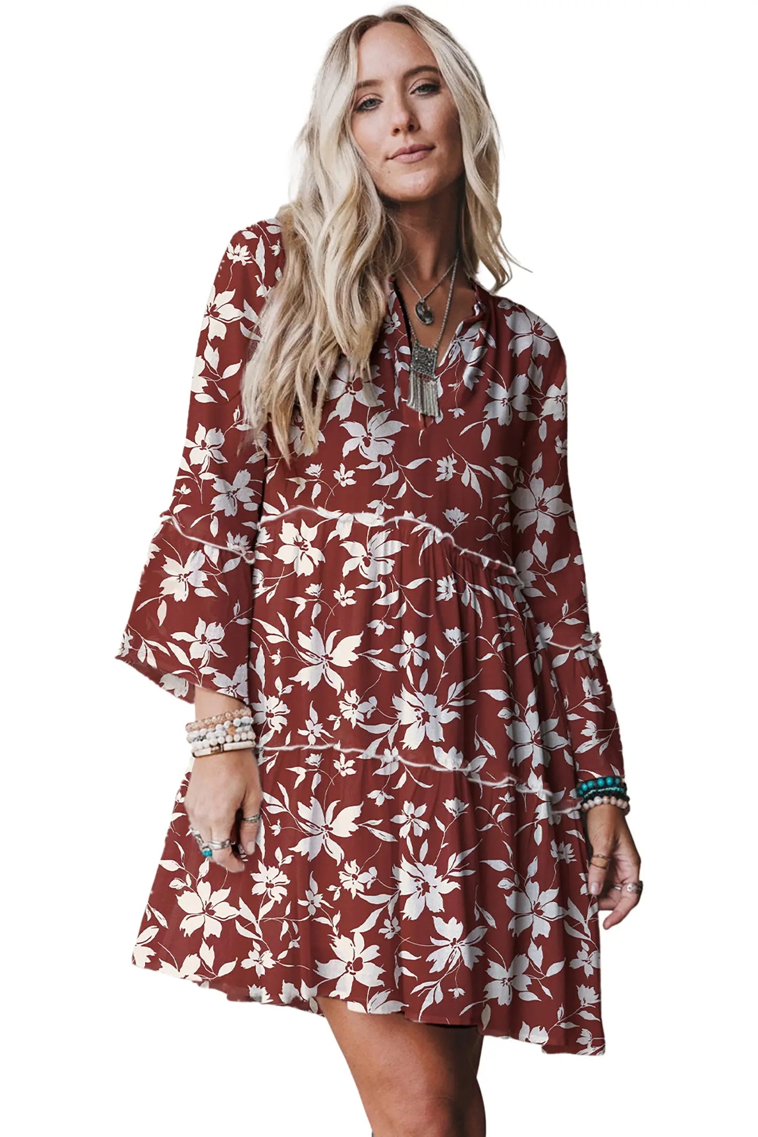 Red Boho Floral Print Lettuce Trim 3/4 Sleeve Mini Dress Markonline