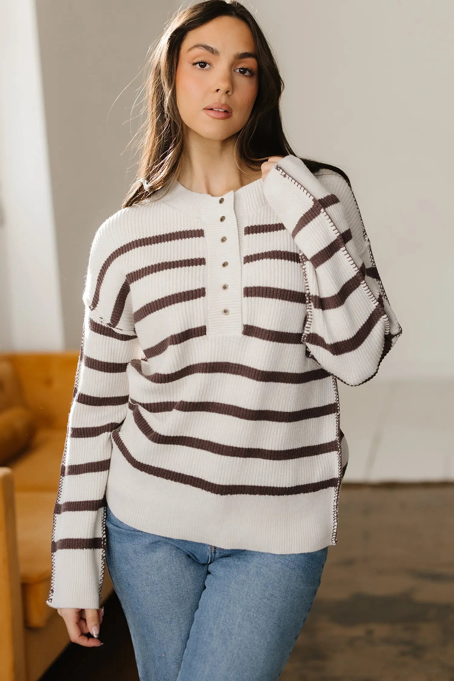 Brown Stripe Ribbed Henley Drop Shoulder Slouchy Sweater Dear-Lover Dropshipping