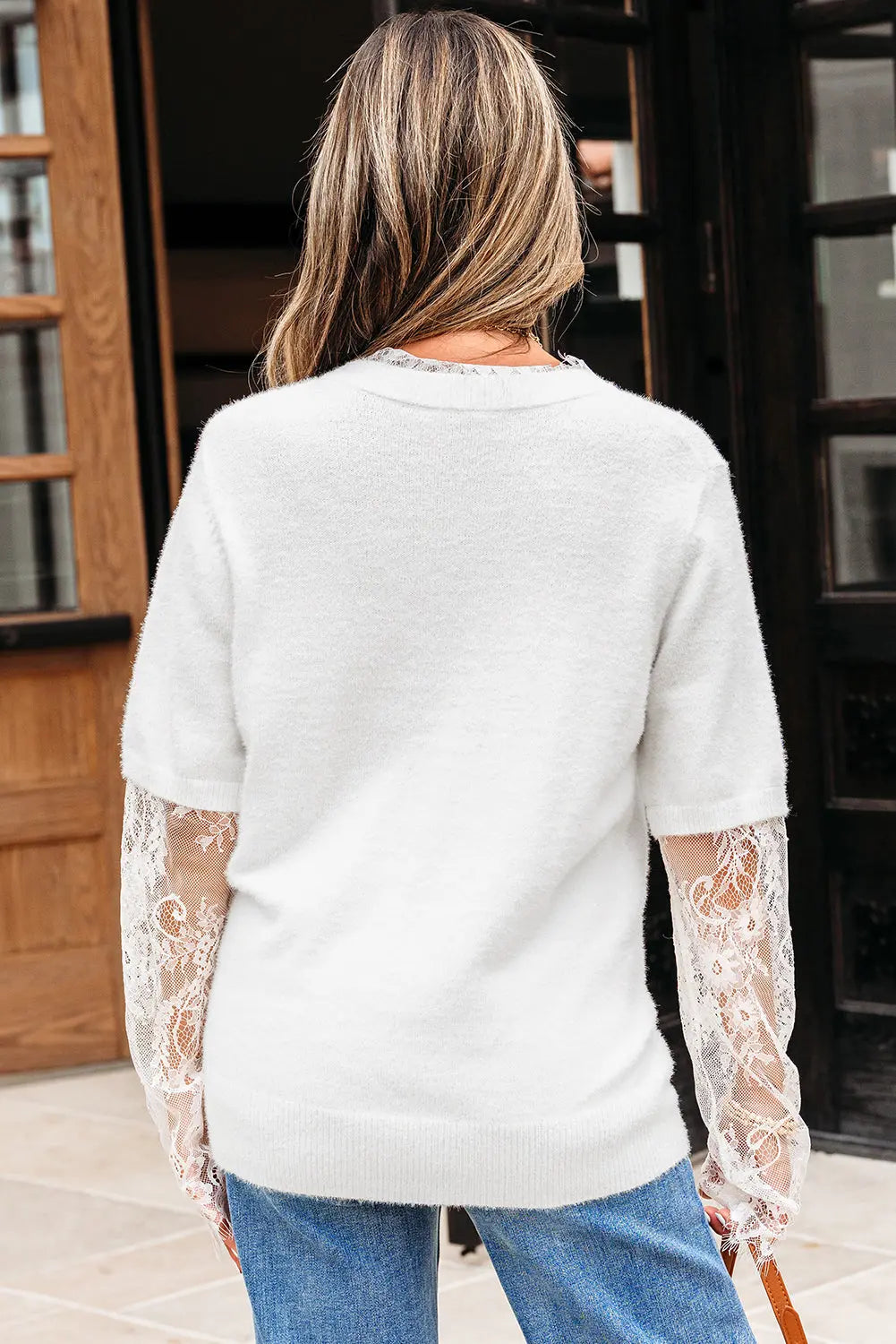 Beige Lace Sleeve Patchwork Faux Two-piece Fuzzy Sweater Dear-Lover Dropshipping