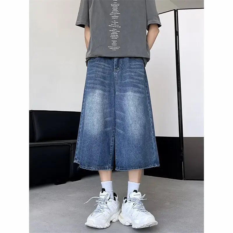 Retro washed wide leg seven quarter jeans for men