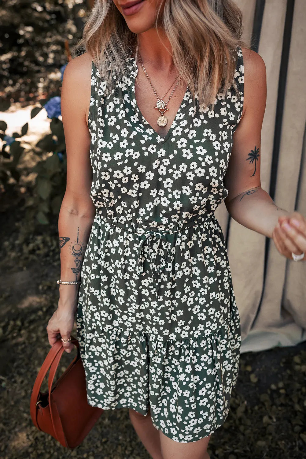 Green Boho Floral Print V Neck Tunic Sleeveless Dress Markonline