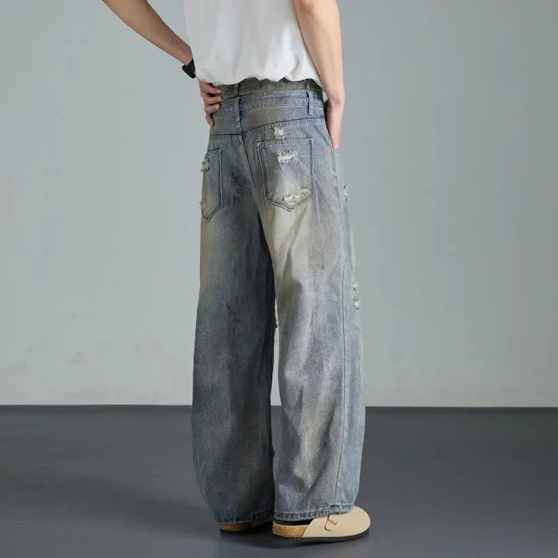 Vintage niche ripped straight leg washed denim jeans for men and women Markonline