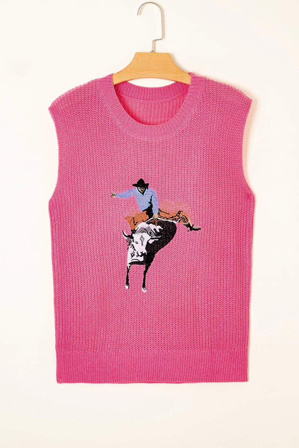 Bright Pink Western Cowboy Embroidery Round Neck Sleeveless Sweater Dear-Lover Dropshipping