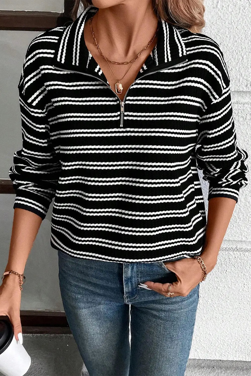 Black Stripe Textured Quarter Zip Collar Long Sleeve Top Dear-Lover Dropshipping