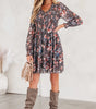 Brown Frilly Smocked Bodice Floral Mesh Long Sleeve Mini Dress Markonline