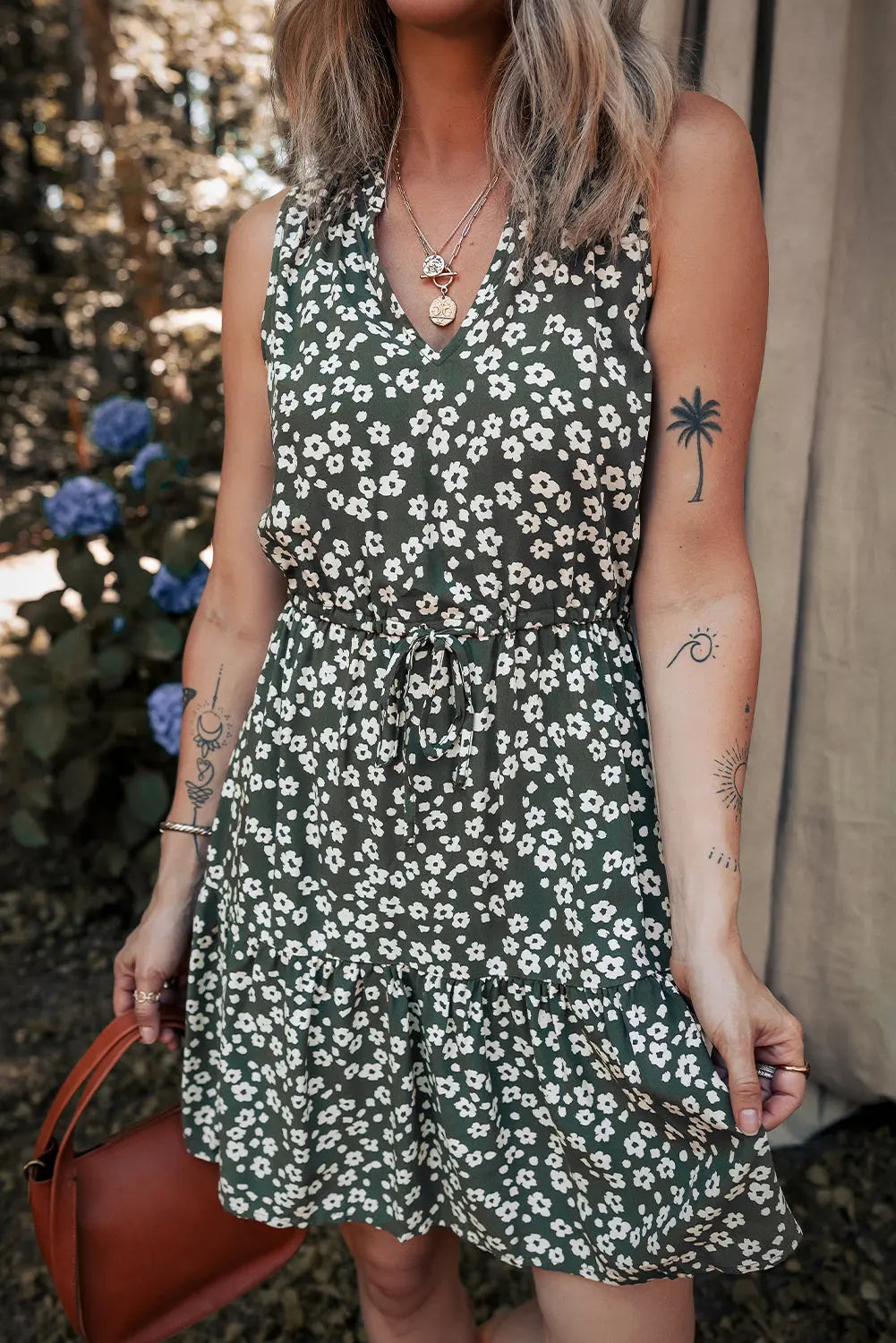 Green Boho Floral Print V Neck Tunic Sleeveless Dress Markonline