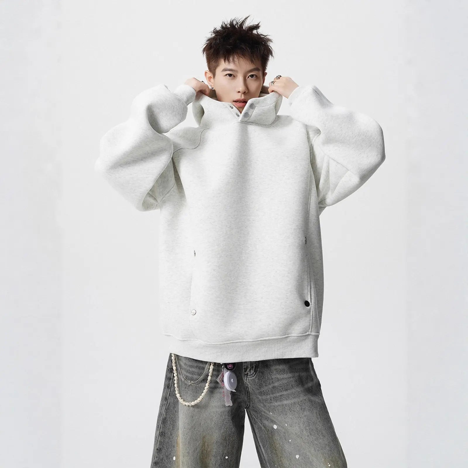 Heavyweight Half-High Neck Button-Up Hooded Sweatshirt Men's Autumn Winter Fashion Brand Loose Versatile Fleece-Lined Thick Hoodie Jacket