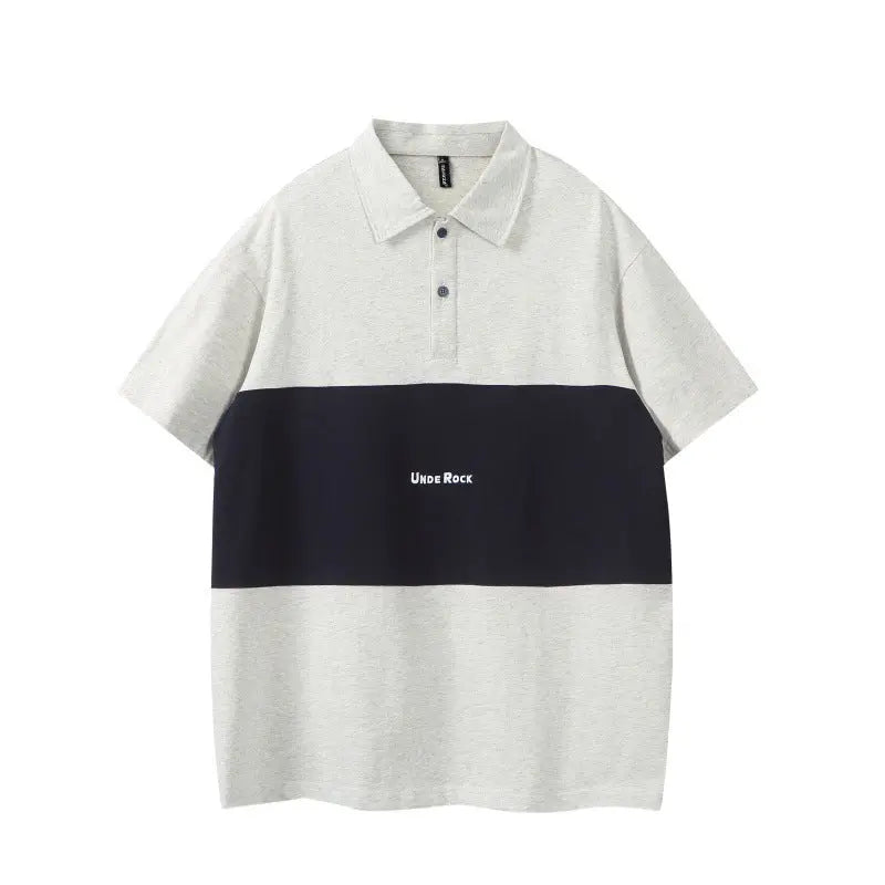 Color blocked patchwork polo shirt men's loose short sleeved shirt